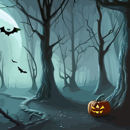 Halloween pumpkins in the dark spooky forest. Vector Illustration for Halloween.のイラスト素材