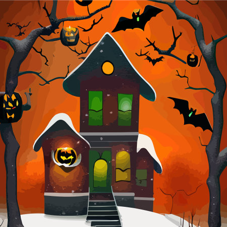 Halloween pumpkins in a snowy in a garden and bats in the vector illustration. Vector illustrationのイラスト素材