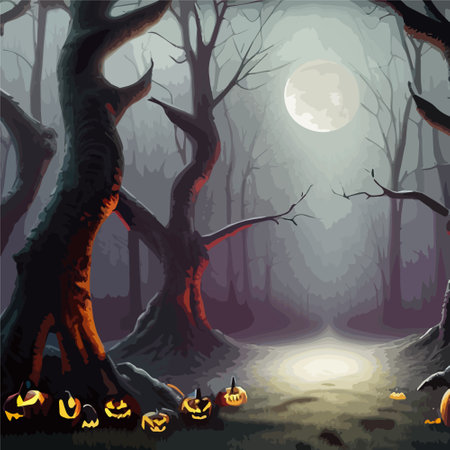 Dark forest Halloween background with bats, trees. Halloween purple, violet template. Vector illustration.のイラスト素材