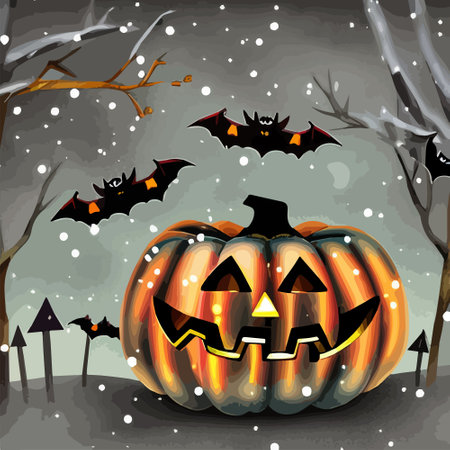 Halloween pumpkins in a snowy in a garden and bats in the vector illustration. Vector illustrationのイラスト素材