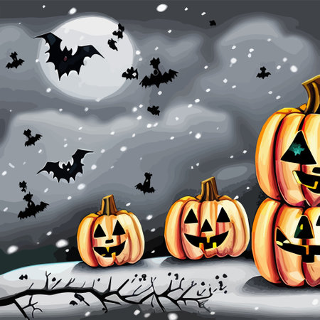 Halloween pumpkins in a snowy in a garden and bats in the vector illustration. Vector illustrationのイラスト素材