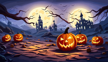 Spooky halloween pumpkins, Jack O Lantern, with an evil face and eyes on grass in with a misty night sky background with a full moon. Vector illustrationのイラスト素材