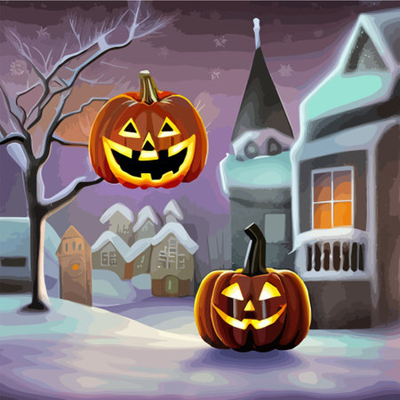Halloween carved pumpkins and bats in the snowy forest vector illustration. Vector illustrationのイラスト素材