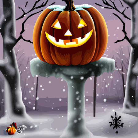 Halloween pumpkins in a snowy in a garden and bats in the vector illustration. Vector illustrationのイラスト素材