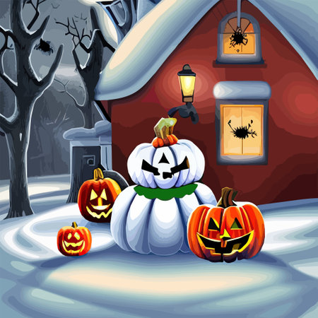 Halloween pumpkins in a snowy in a garden and bats in the vector illustration. Vector illustrationのイラスト素材