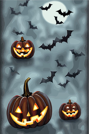 Halloween jack o lantern in the snow vertical vector illustration orange pumpkins in the garden for the holiday. Vector illustrationのイラスト素材