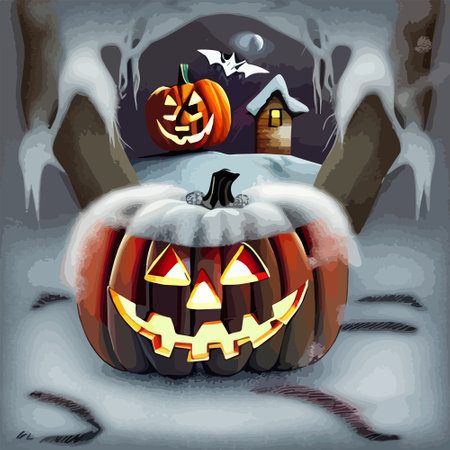 Halloween pumpkins in a snowy in a garden and bats in the vector illustration. Vector illustrationのイラスト素材
