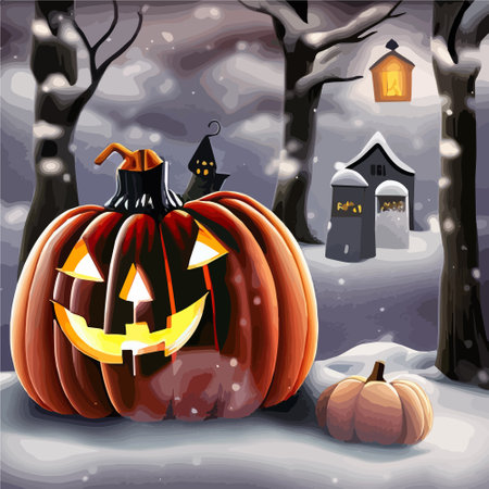 Halloween carved pumpkins and bats in the snowy forest vector illustration. Vector illustrationのイラスト素材