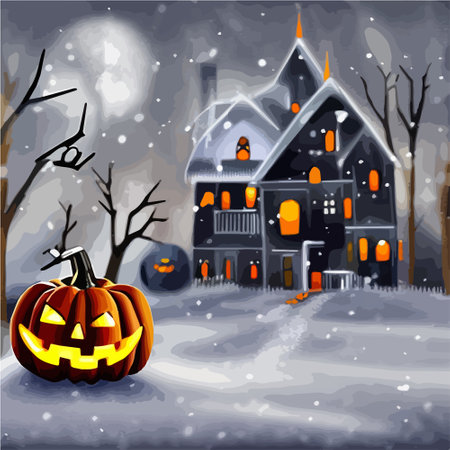 Halloween pumpkins in a snowy in a garden and bats in the vector illustration. Vector illustrationのイラスト素材