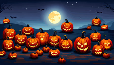 Halloween scene horror background with creepy pumpkins halloween haunted night with full moon, vector illustrationのイラスト素材