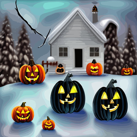 Halloween carved pumpkins and bats in the snowy forest vector illustration. Vector illustrationのイラスト素材