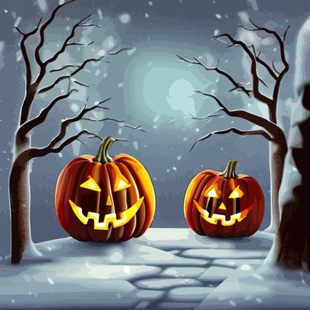 Halloween carved pumpkins and bats in the snowy forest vector illustration. Vector illustrationのイラスト素材