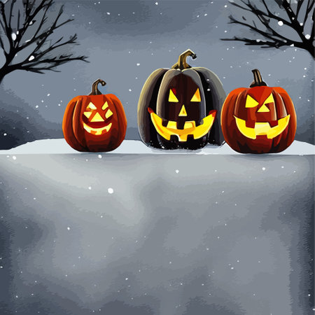 Halloween pumpkins in a snowy in a garden and bats in the vector illustration. Vector illustrationのイラスト素材