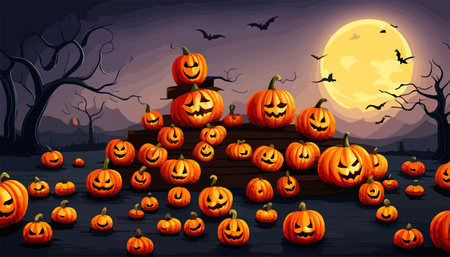 Spooky halloween pumpkins, Jack O Lantern, with an evil face and eyes on grass in with a misty night sky background with a full moon. Vector illustrationのイラスト素材