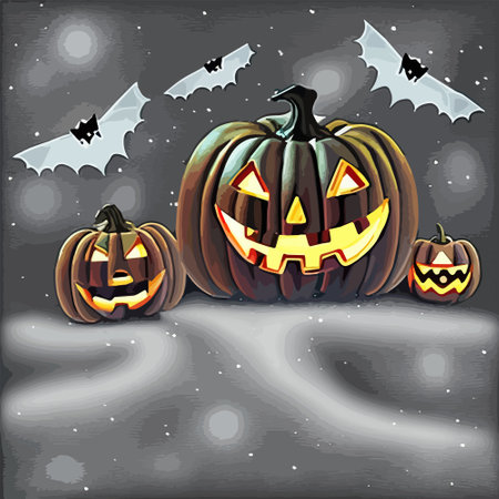 Halloween carved pumpkins and bats in the snowy forest vector illustration. Vector illustrationのイラスト素材