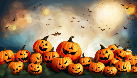 Halloween pumpkin patch in the moonlight. Jack O Lantern party. Horizontal banner. Vector illustrationのイラスト素材