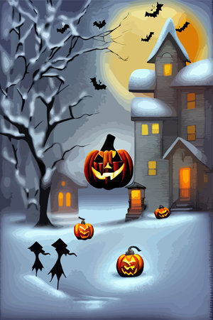 Halloween jack o lantern in the snow vertical vector illustration orange pumpkins in the garden for the holiday. Vector illustrationのイラスト素材