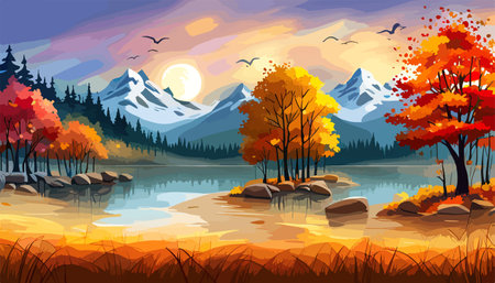 banner forest A river in the mountains with a mountain in the background autumn landscape with yellow trees vector illustration. Vector illustrationのイラスト素材