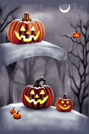 Halloween jack o lantern in the snow vertical vector illustration orange pumpkins in the garden for the holiday. Vector illustrationのイラスト素材