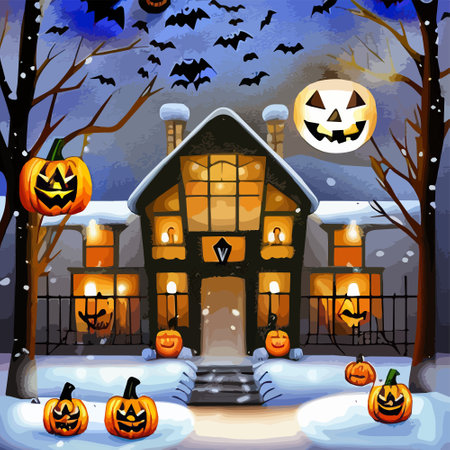 Halloween pumpkins in a snowy in a garden and bats in the vector illustration. Vector illustrationのイラスト素材