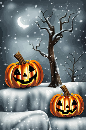 Halloween jack o lantern in the snow vertical vector illustration orange pumpkins in the garden for the holiday. Vector illustrationのイラスト素材