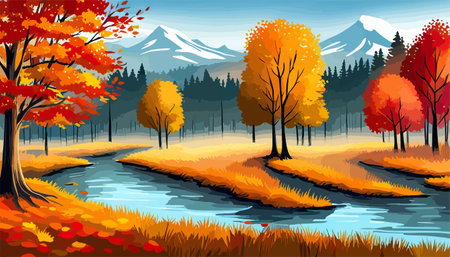 banner forest A river in the mountains with a mountain in the background autumn landscape with yellow trees vector illustration. Vector illustrationのイラスト素材