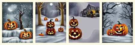 banner set Halloween drawing under the snow, with orange pumpkins in a snowy forest vector illustration. Vector illustrationのイラスト素材