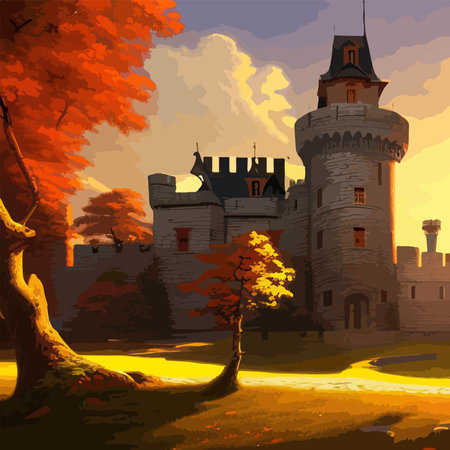Old Scotney Castle, tower, house, gate and the surrounding park are on an autumn day . English country castle, vector illustrationのイラスト素材