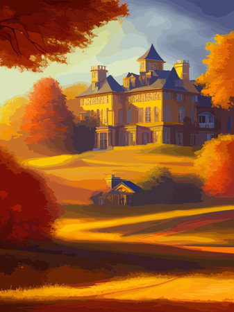 Magic castle and medieval town buildings at scenery autumn landscape. Fairy tale kingdom palace with turrets , Cartoon vector illustrationのイラスト素材