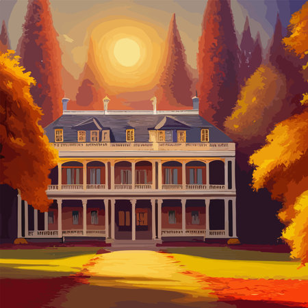 Old Scotney Castle, tower, house, gate and the surrounding park are on an autumn day . English country castle, vector illustrationのイラスト素材