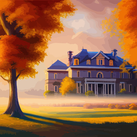 Old Scotney Castle, tower, house, gate and the surrounding park are on an autumn day . English country castle, vector illustrationのイラスト素材