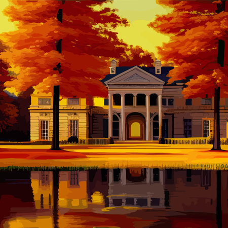 castle on a beautiful autumn day, concept art landscape, vector illustrationのイラスト素材