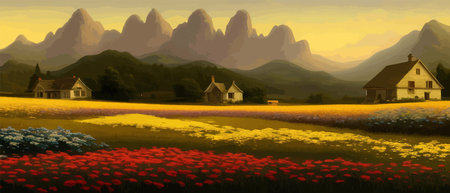 Summer country landscape with a field of flowers and farm and mountains background plan. Nature vector illustrationのイラスト素材