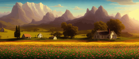 Summer country landscape with a field of flowers and farm and mountains background plan. Nature vector illustrationのイラスト素材