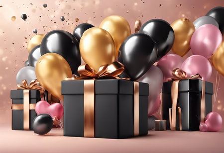 present box and balloons on background. suitable for any holiday. Black Friday sales and discountsの素材