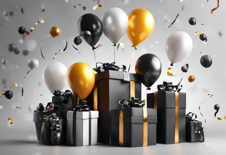 present box and balloons on background. suitable for any holiday. Black Friday sales and discountsの素材