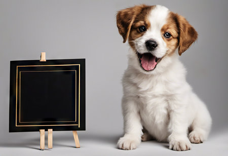 Funny puppy with banner for your advertising, mockup, concept of discounts and sales, on light backgroundの素材