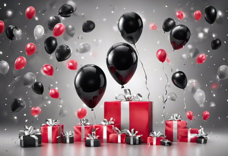 boxes with gifts and balloons and confetti on background, festive concept for birthday or black friday discountsの素材