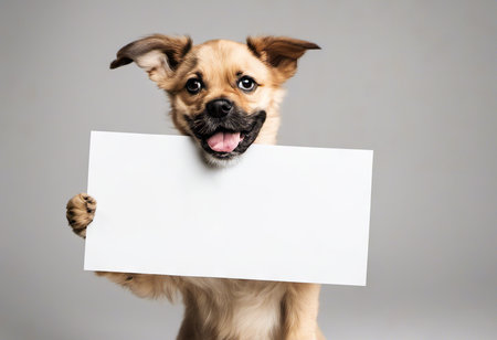 Funny puppy with banner for your advertising, mockup, concept of discounts and sales, on light backgroundの素材