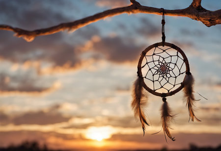 Dreamcatcher sunset sky, boho chic, ethnic amulet symbol Indigenous Peoples Day and Native Americans Dayの素材