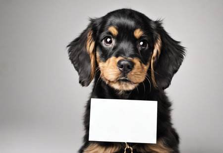 Funny puppy with banner for your advertising, mockup, concept of discounts and sales, on light backgroundの素材