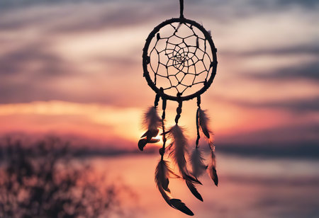 Dreamcatcher sunset sky, boho chic, ethnic amulet symbol Indigenous Peoples Day and Native Americans Dayの素材