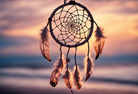 Dreamcatcher sunset sky, boho chic, ethnic amulet symbol Indigenous Peoples Day and Native Americans Dayの素材