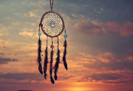 Dreamcatcher sunset sky, boho chic, ethnic amulet symbol Indigenous Peoples Day and Native Americans Dayの素材