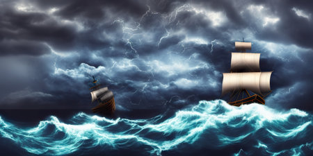Pirate in ship which is sailing in dark sea sky is dark blue and clouds and thunderstorms coming in far waves are big detailed pictureの素材