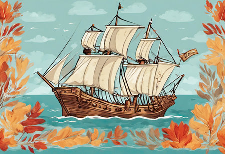 Happy Columbus Day banner with ship, illustration.の素材