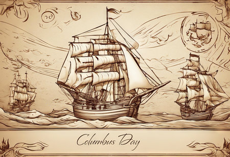 Happy Columbus Day banner with ship, illustration.の素材