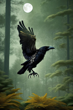 Halloween background. Black raven Spooky cloudy sky with moon and treesの素材