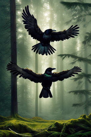 Raven sitting on a branch dark forest moon backgroundの素材