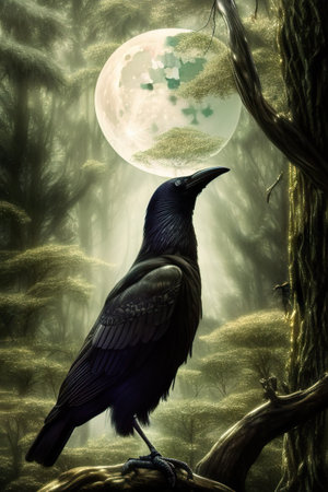 Portrait Mystical Dire Bird raven, Symbol of Gothic, Halloween, fear, by black crows terrible foggy forest. Wild animals crows black silhouetteの素材